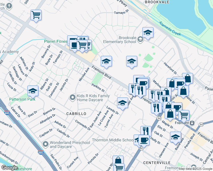 map of restaurants, bars, coffee shops, grocery stores, and more near 36163 Fremont Boulevard in Fremont