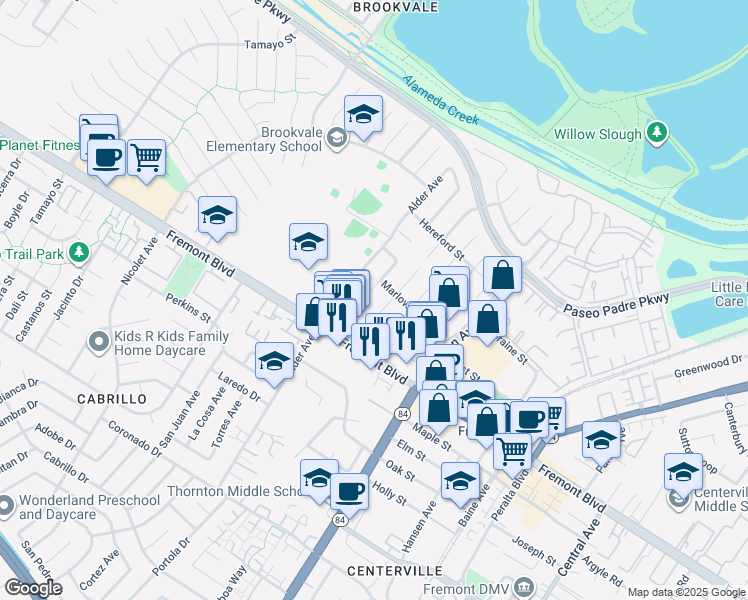 map of restaurants, bars, coffee shops, grocery stores, and more near 3790 Ruskin Place in Fremont