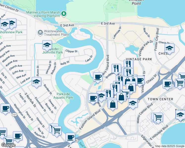 map of restaurants, bars, coffee shops, grocery stores, and more near 735 Fathom Drive in San Mateo