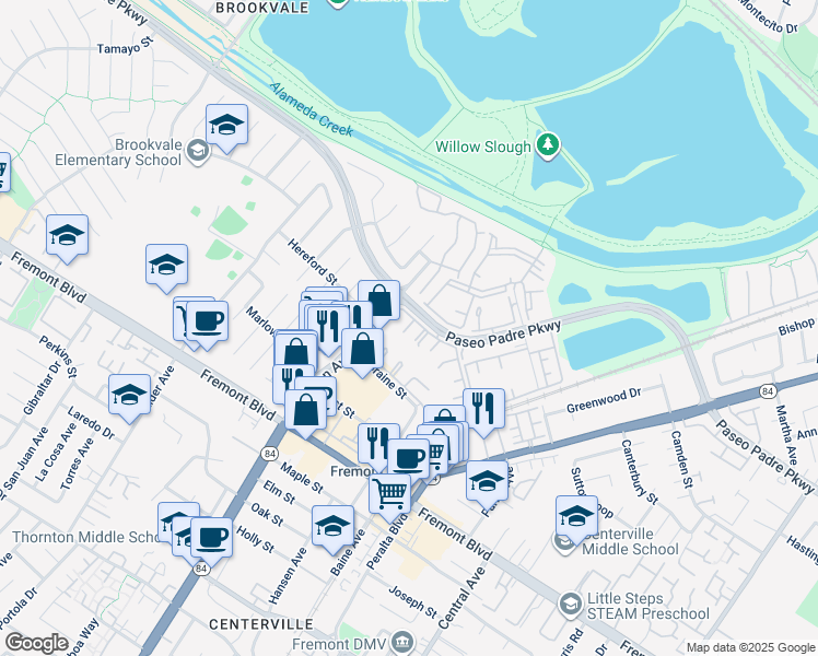 map of restaurants, bars, coffee shops, grocery stores, and more near 3467 Pinewood Terrace in Fremont