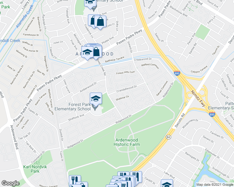 map of restaurants, bars, coffee shops, grocery stores, and more near 34651 Loreal Terrace in Fremont