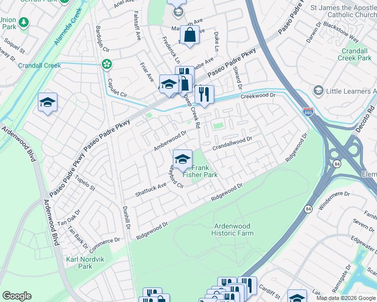 map of restaurants, bars, coffee shops, grocery stores, and more near 34344 Maybird Circle in Fremont
