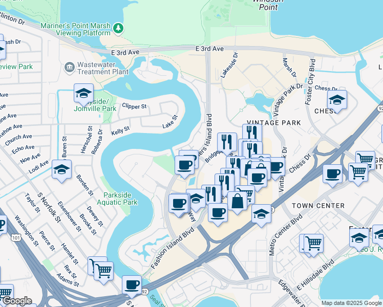 map of restaurants, bars, coffee shops, grocery stores, and more near 735 Fathom Drive in San Mateo