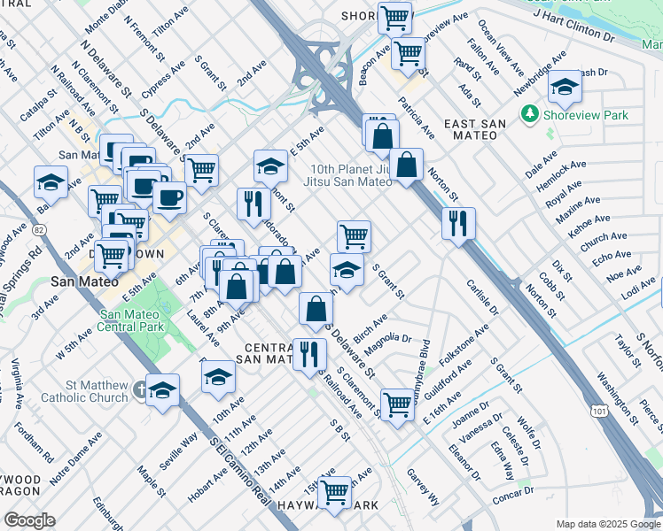 map of restaurants, bars, coffee shops, grocery stores, and more near 721 10th Avenue in San Mateo