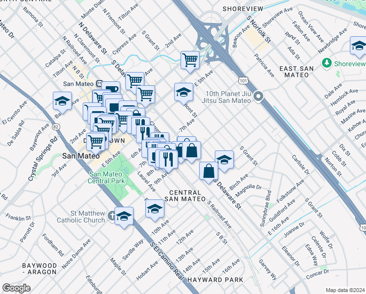 map of restaurants, bars, coffee shops, grocery stores, and more near 523 9th Avenue in San Mateo