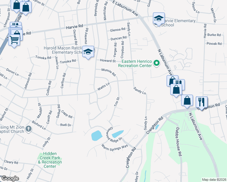 map of restaurants, bars, coffee shops, grocery stores, and more near 3013 Peabody Lane in Richmond