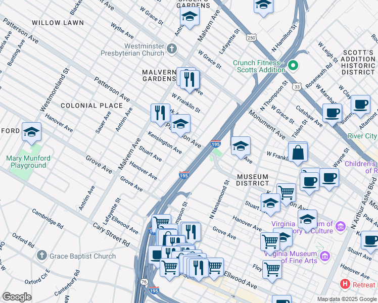 map of restaurants, bars, coffee shops, grocery stores, and more near 503 North Hamilton Street in Richmond