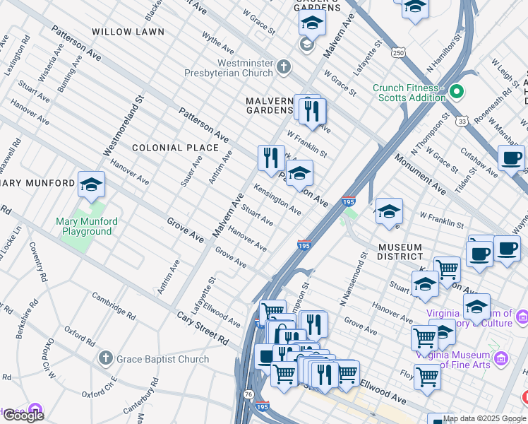 map of restaurants, bars, coffee shops, grocery stores, and more near 3902 Stuart Avenue in Richmond