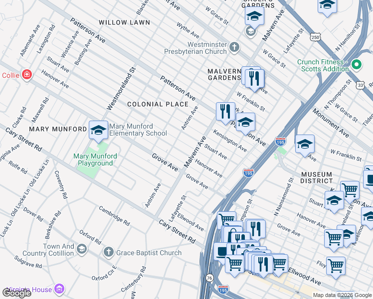 map of restaurants, bars, coffee shops, grocery stores, and more near 401 Malvern Avenue in Richmond