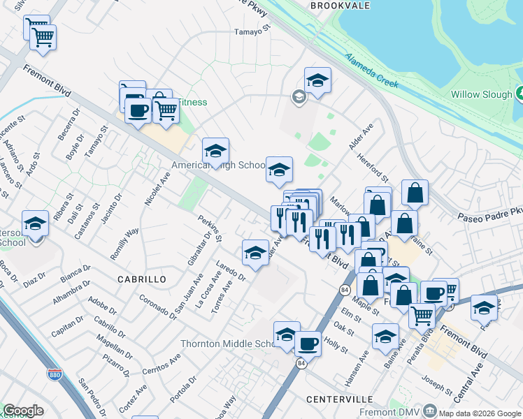 map of restaurants, bars, coffee shops, grocery stores, and more near 36401 Grace Terrace in Fremont