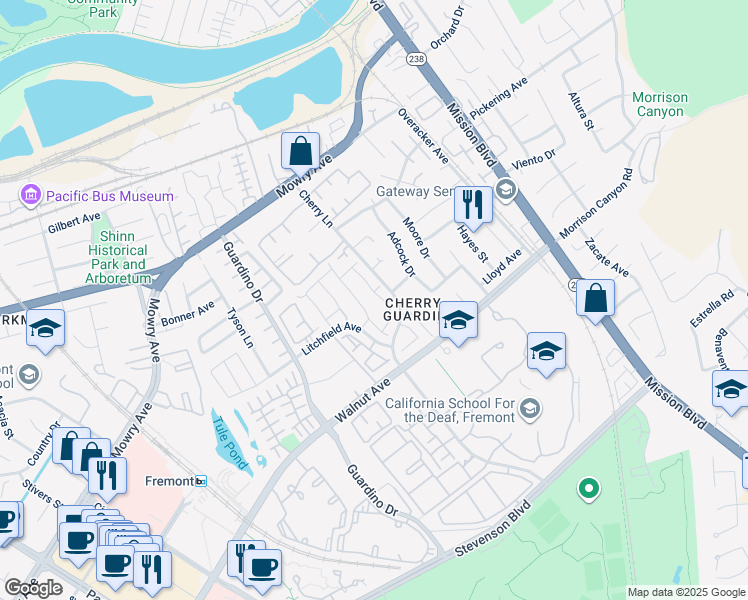 map of restaurants, bars, coffee shops, grocery stores, and more near 38821 Stillwater Common in Fremont