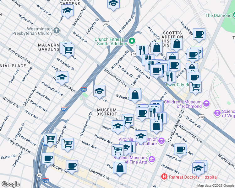 map of restaurants, bars, coffee shops, grocery stores, and more near 3322 West Franklin Street in Richmond