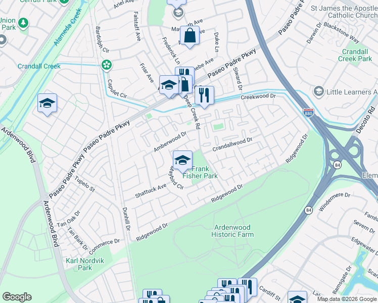 map of restaurants, bars, coffee shops, grocery stores, and more near 34344 Maybird Circle in Fremont