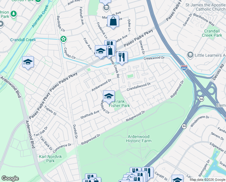 map of restaurants, bars, coffee shops, grocery stores, and more near 34344 Maybird Circle in Fremont