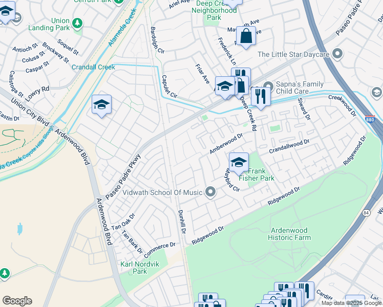 map of restaurants, bars, coffee shops, grocery stores, and more near 5301 Shamrock Common in Fremont