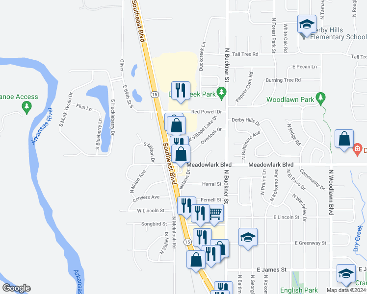 map of restaurants, bars, coffee shops, grocery stores, and more near 270 West Village Lake Drive in Derby