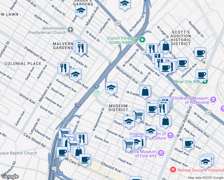 map of restaurants, bars, coffee shops, grocery stores, and more near 700 North Nansemond Street in Richmond