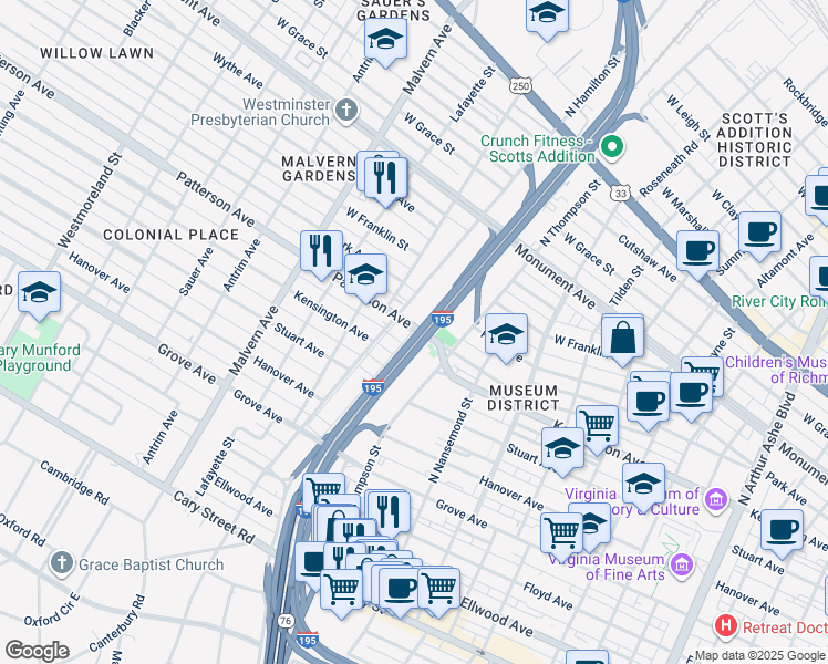 map of restaurants, bars, coffee shops, grocery stores, and more near 3717 Patterson Avenue in Richmond