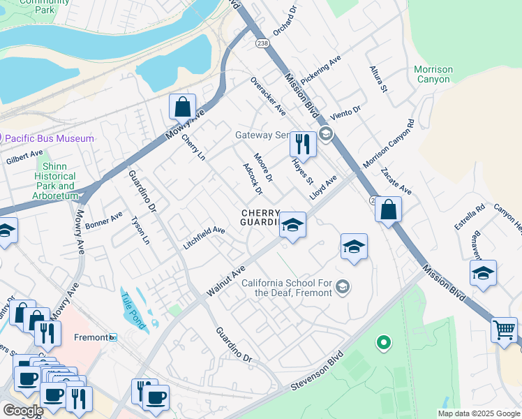 map of restaurants, bars, coffee shops, grocery stores, and more near 38902 Applegate Terrace in Fremont