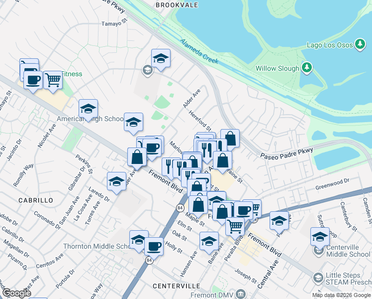 map of restaurants, bars, coffee shops, grocery stores, and more near 3699 Turner Court in Fremont