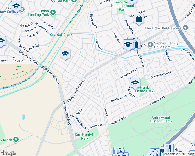 map of restaurants, bars, coffee shops, grocery stores, and more near 5388 Matthew Terrace in Fremont
