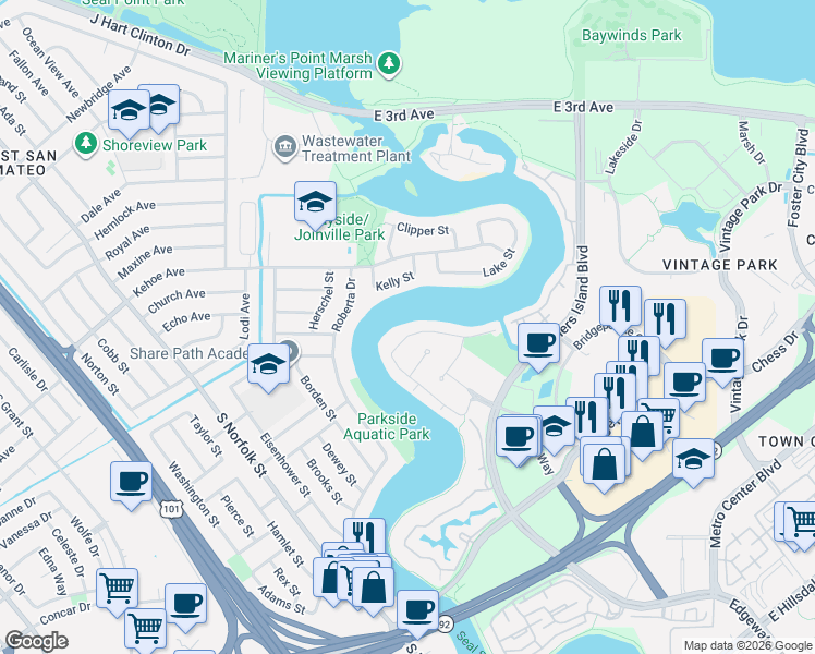 map of restaurants, bars, coffee shops, grocery stores, and more near 1225 Shoal Drive in San Mateo