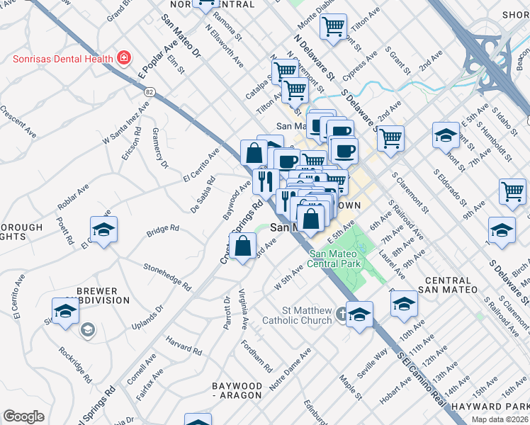 map of restaurants, bars, coffee shops, grocery stores, and more near 45 Crystal Springs Road in San Mateo