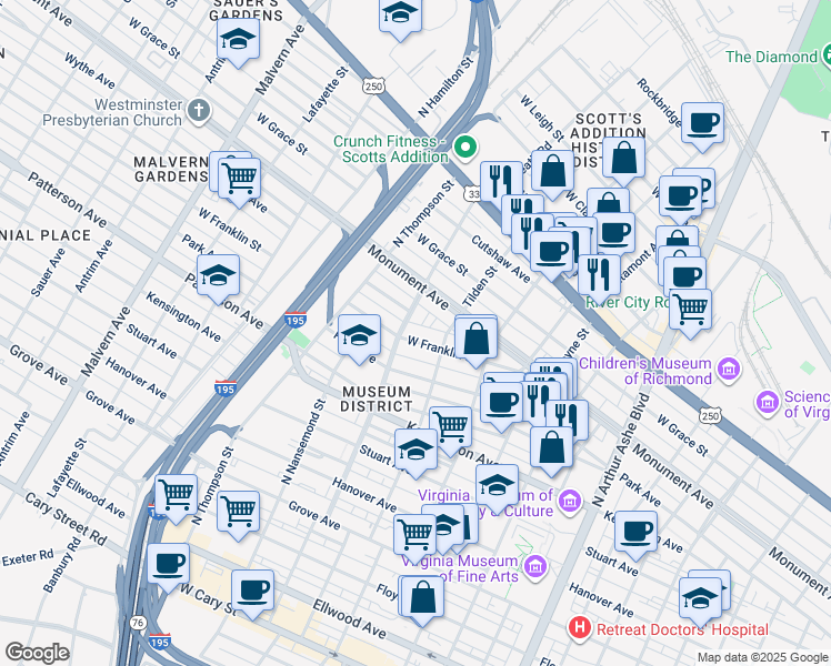 map of restaurants, bars, coffee shops, grocery stores, and more near 3322 West Franklin Street in Richmond