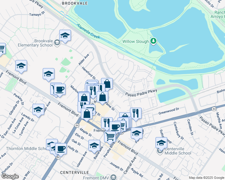 map of restaurants, bars, coffee shops, grocery stores, and more near 3371 Baywood Terrace in Fremont