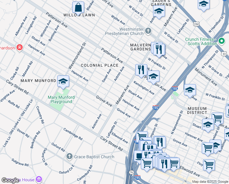 map of restaurants, bars, coffee shops, grocery stores, and more near 4110 Hanover Avenue in Richmond