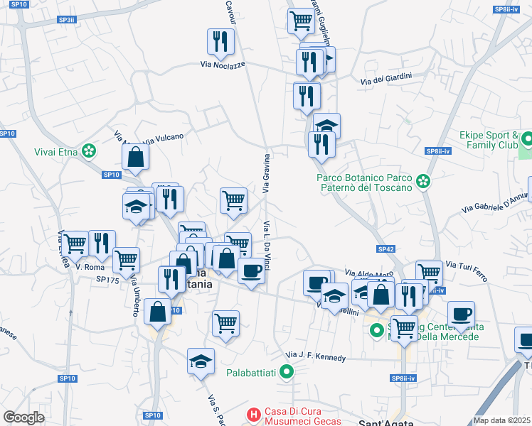 map of restaurants, bars, coffee shops, grocery stores, and more near 25 Via San Paolo in Tremestieri Etneo
