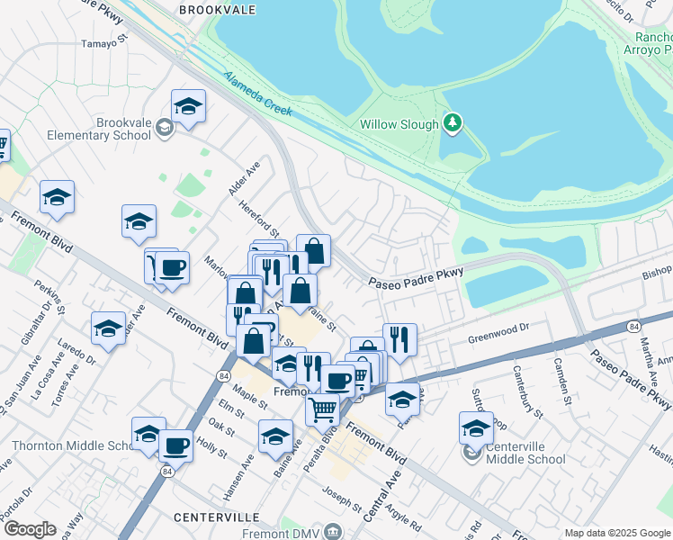 map of restaurants, bars, coffee shops, grocery stores, and more near 3371 Baywood Terrace in Fremont