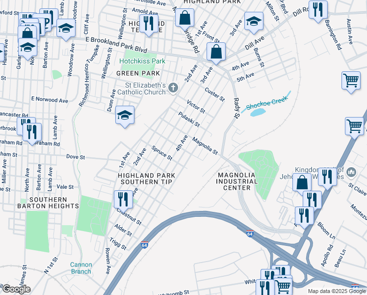 map of restaurants, bars, coffee shops, grocery stores, and more near 2501 4th Avenue in Richmond