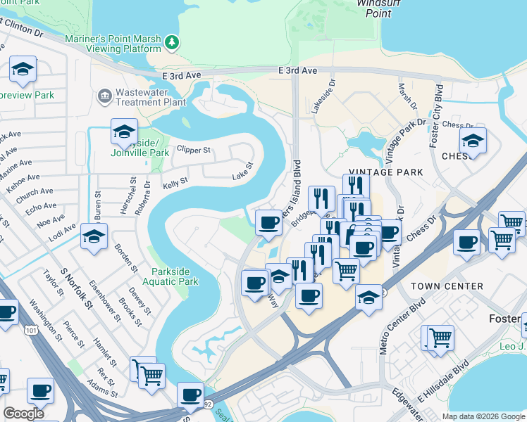 map of restaurants, bars, coffee shops, grocery stores, and more near 707 Fathom Drive in San Mateo