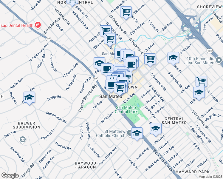 map of restaurants, bars, coffee shops, grocery stores, and more near 136 2nd Avenue in San Mateo
