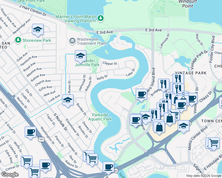 map of restaurants, bars, coffee shops, grocery stores, and more near 1347 Shoal Drive in San Mateo