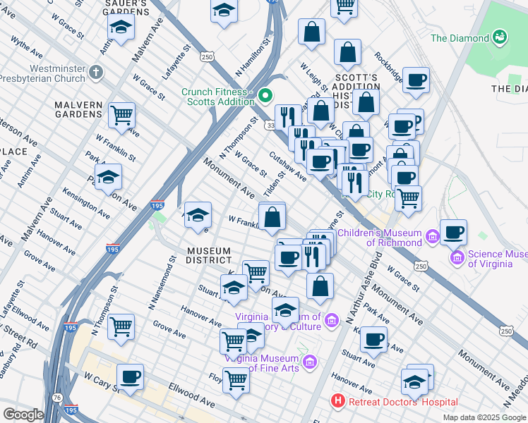 map of restaurants, bars, coffee shops, grocery stores, and more near 3305 Monument Avenue in Richmond