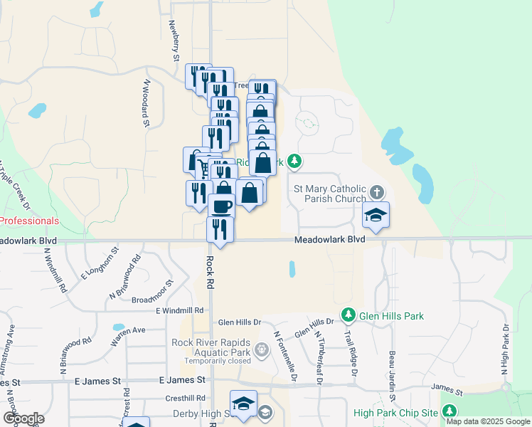map of restaurants, bars, coffee shops, grocery stores, and more near 1624 North Rock Road in Derby