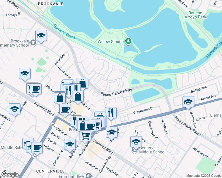 map of restaurants, bars, coffee shops, grocery stores, and more near 37200 Paseo Padre Parkway in Fremont
