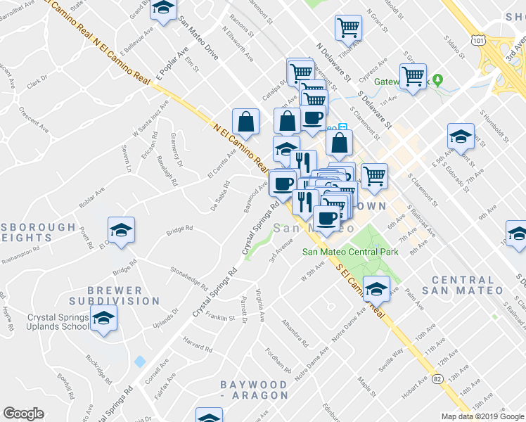 map of restaurants, bars, coffee shops, grocery stores, and more near 10 Crystal Springs Road in San Mateo