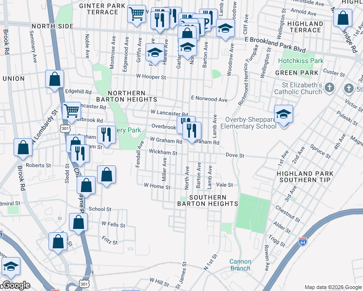 map of restaurants, bars, coffee shops, grocery stores, and more near 102 West Graham Road in Richmond