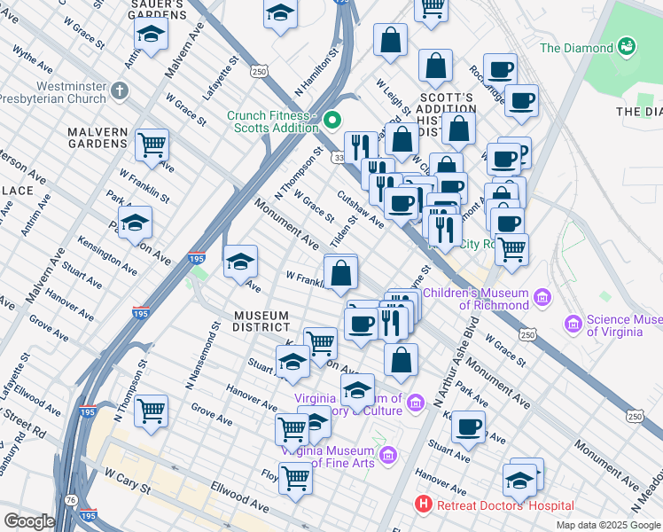 map of restaurants, bars, coffee shops, grocery stores, and more near 3305 Monument Avenue in Richmond