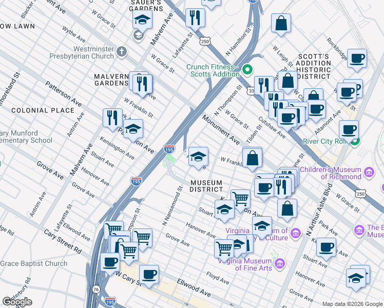 map of restaurants, bars, coffee shops, grocery stores, and more near 3431 West Franklin Street in Richmond