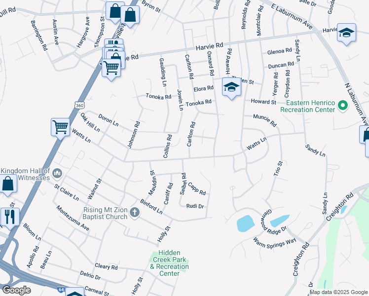 map of restaurants, bars, coffee shops, grocery stores, and more near 3010 Carlton Road in Richmond