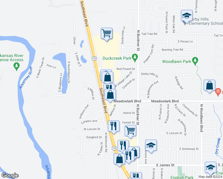 map of restaurants, bars, coffee shops, grocery stores, and more near 268 West Village Lake Drive in Derby