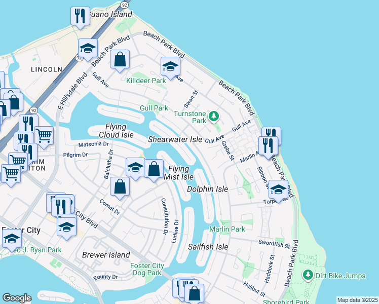 map of restaurants, bars, coffee shops, grocery stores, and more near in Foster City