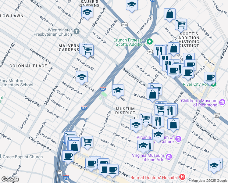 map of restaurants, bars, coffee shops, grocery stores, and more near 3514 Park Avenue in Richmond