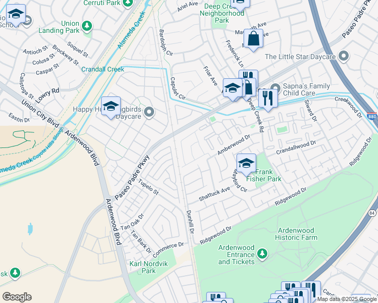 map of restaurants, bars, coffee shops, grocery stores, and more near 34157 Donahue Terrace in Fremont
