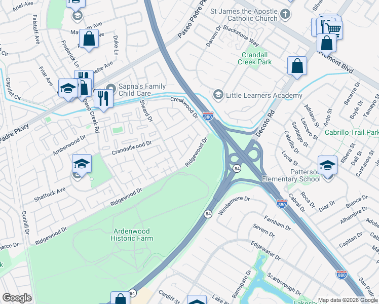 map of restaurants, bars, coffee shops, grocery stores, and more near 4834 Garnet Common in Fremont