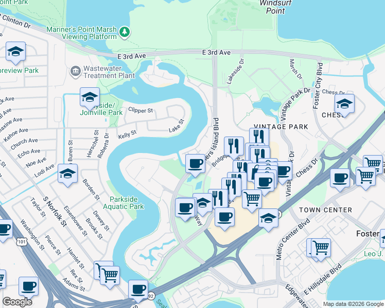 map of restaurants, bars, coffee shops, grocery stores, and more near 707 Fathom Drive in San Mateo